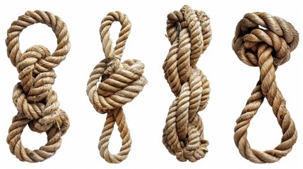 Closeup of various rope knots against a white background showcasing different tying techniques and textures.