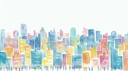 Watercolor cityscape illustration with people. A colorful watercolor painting of a city skyline, featuring tall buildings and a group of people in the foreground.