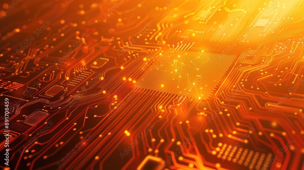Poster futuristic orange background with interconnected circuit chips, emphasizing a digital and high-tech 