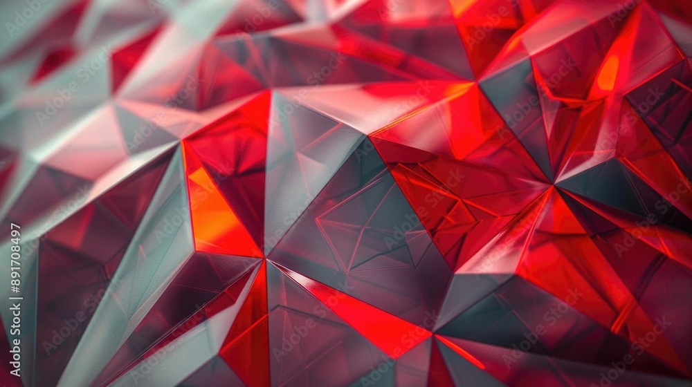 Poster red polygonal abstraction featuring geometric shapes and dynamic lines, creating a bold and modern v
