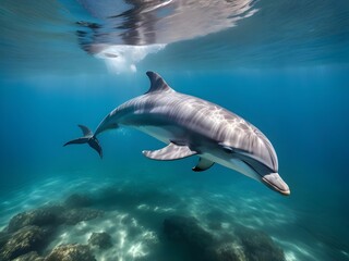 Obraz premium Dolphin swimming in the blue water.