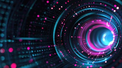 Fototapeta premium Abstract neon digital circles with glitch effects on a dark background, offering a modern and vibrant design.