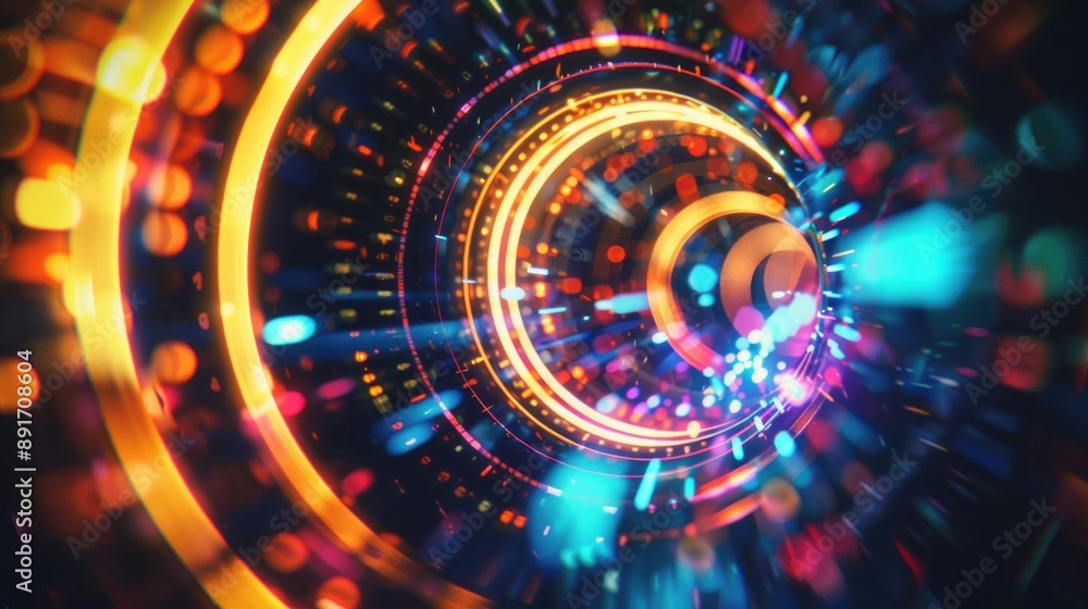 Poster neon digital circles with a glitch effect on a black background, creating a futuristic and dynamic v