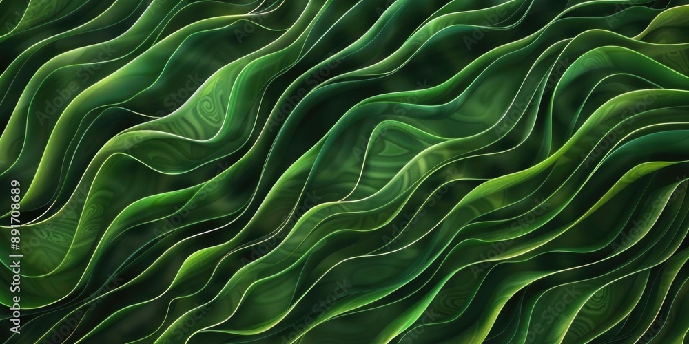 Poster dynamic abstract wallpaper featuring fluid green lines, creating a vibrant and natural visual effect