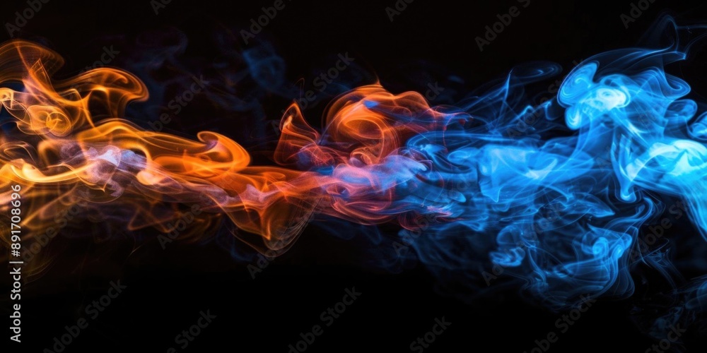Poster abstract blue and orange smoke steam moving on a black background, creating a dynamic and vibrant vi