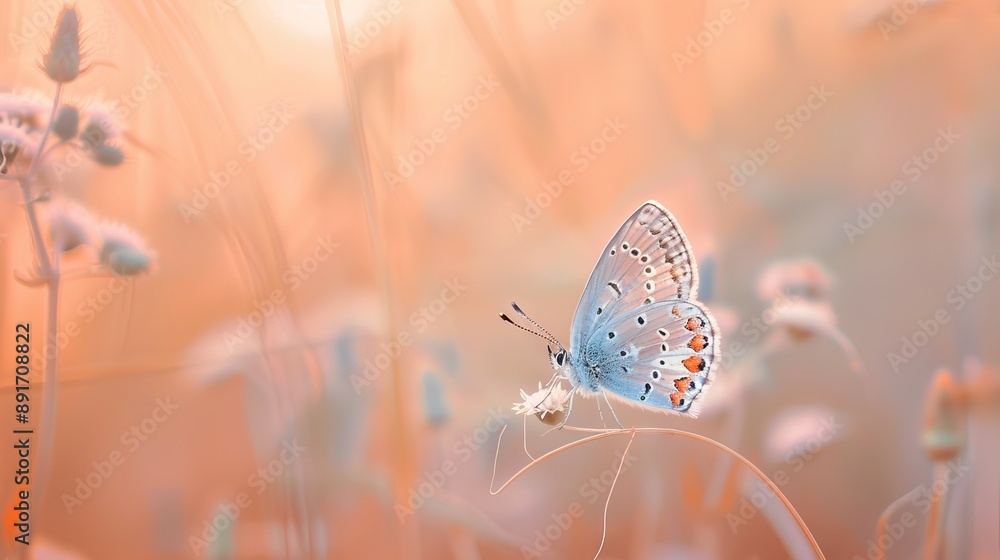Poster delicate butterfly on soft grass. a gentle butterfly perched on a blade of grass, illuminated by the