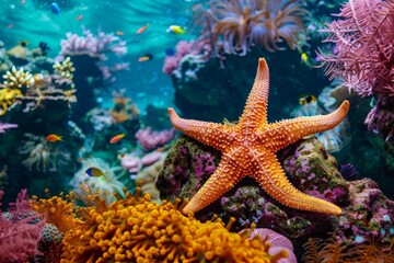 An orange starfish comfortably sits on a coral reef amidst a multitude of colorful marine life, depicting the vibrant and rich underwater ecosystem of the ocean.