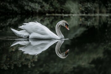 A serene image of a swan drifting on still water, with its reflection perfectly mirrored on the surface and a dark, lush backdrop enhancing the scene's tranquility.