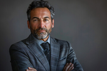 Fototapeta premium A professional businessman in a grey background, exuding confidence and leadership. Suitable for business-related content and corporate usage.
