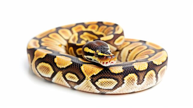 Calico ball python with pastel citrus colors, isolated on a white background, perfect for adding text in the copy space image. Reptiles isolated on white. Photo realistic photo.