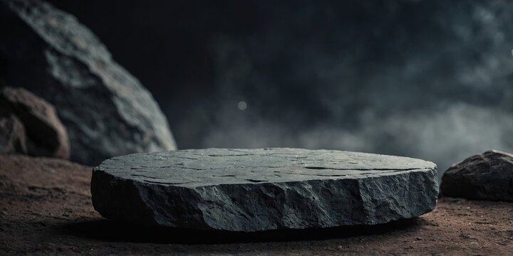 natural rock and stone podium or pedestal for product display scene, dark cave style.