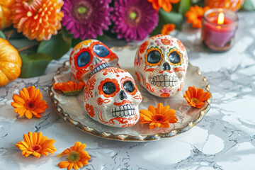colorful sugar skulls decorated with flowers for dia de los muertos celebration