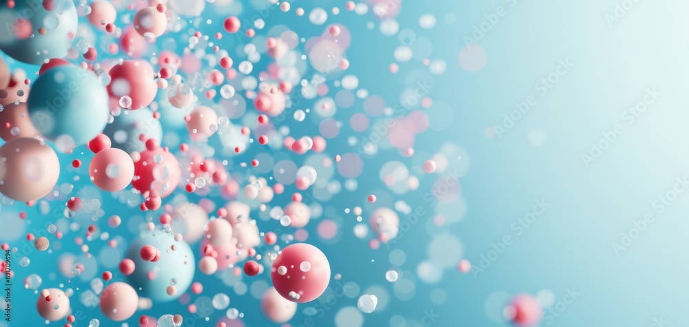 Poster Colorful spheres and bubbles float in a vibrant blue background, creating a playful and dynamic abstract composition.
