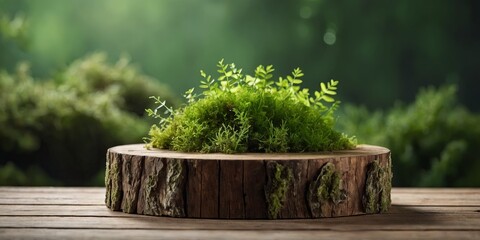 Green moss background with wooden podium and green leaves, ideal for promoting eco beauty products.