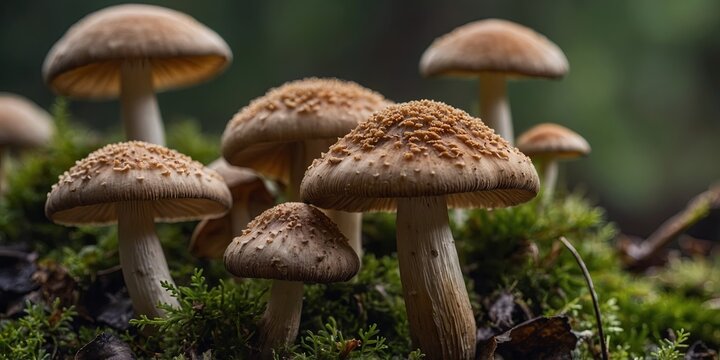 Mushrooms macro close-up Background with selective focus and copy space.