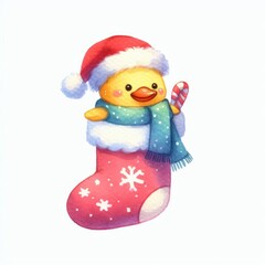 Fototapeta premium A cute yellow chick wearing a Santa hat and scarf, holding a candy cane, inside a Christmas stocking.
