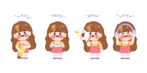 Cute girl character write, read, speak and listen cartoon set illustration Premium Vector.