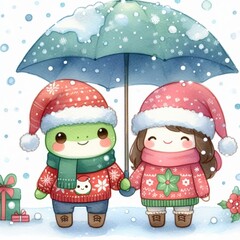 A frog and a girl in matching Christmas sweaters share an umbrella in the snow.
