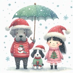 A girl and two dogs in Santa hats and winter clothes stand under an umbrella in the snow.