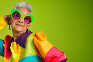 Elderly woman with short gray hair wearing large green and pink sunglasses and colorful clothes, smiling against a green background. Concept for playful fashion, individuality, and joyful aging. Grand
