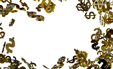 Golden dollar signs raining down on a black background