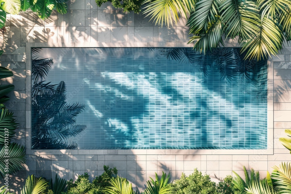 Poster Featuring an exquisite swimming pool with intricate tile work and surrounded by an abundance of tropical plants and foliage, this image showcases a tranquil and luxurious escape.