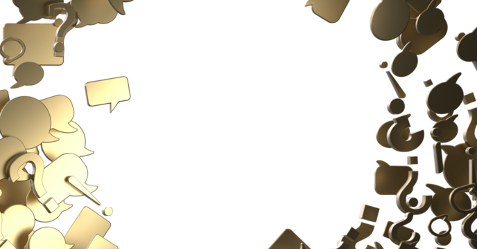 Golden question marks and speech bubbles frame a black background What s your question