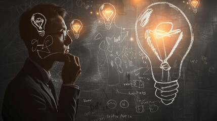 man thinking with light bulb icons and innovation concept on blackboard background