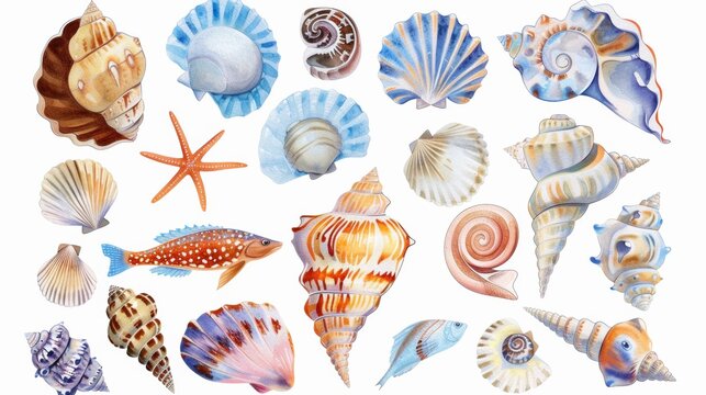 Watercolor cartoon sea shells collection isolated on white background. Fish isolated on white. Photo realistic photo.