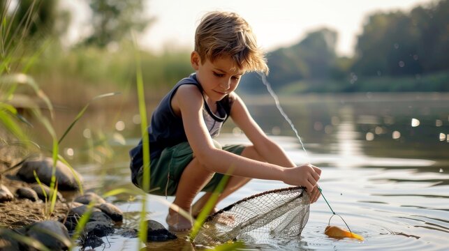 Child on shore dipping fishing net into pond creating water ripp. Fish isolated on white. Photo realistic photo.