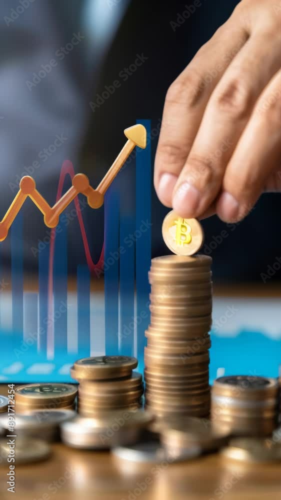 Poster close-up of a hand stacking bitcoin coins with a rising financial graph in the background. concept o
