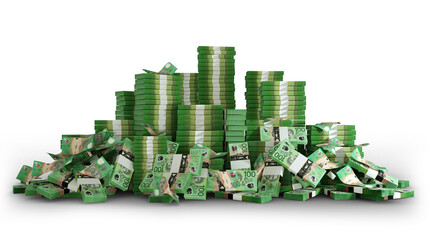 Big stacks of Australian dollar notes. A lot of money isolated on transparent background. 3d rendering of bundles of cash
