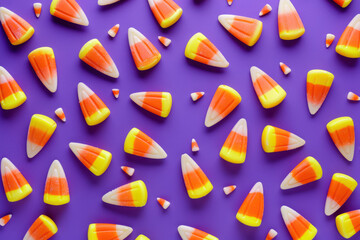 vibrant  vivid candy corn scattered on a purple background, perfect for Halloween treats