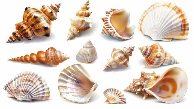Set of sea shells isolated on white background Summer sea holiday. Shellfish isolated on white. Photo realistic photo.