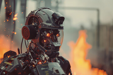 Fototapeta premium A close-up of a robot firefighter with a helmet and glowing eyes, facing a blaze in the background