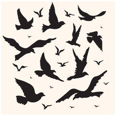 Seagulls vector silhouette set drawing With illustration style doodle and line art