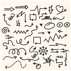 Set of cute pen line doodle element vector. Hand drawn doodle style collection of heart, arrows, scribble, star, speech bubble, words With illustration style doodle and line art