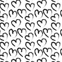 Heart seamless pattern. Black and white ink brush hearts hand drawn ornament. Romantic figures vector illustration. Monochrome freehand dry paint brush stroke shapes.