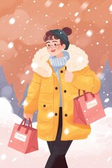 a woman in a yellow coat and black pants is walking in the snow