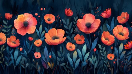 Cartoon flower with leaf vector illustration on black background, printed in mixed media style, light orange and indigo