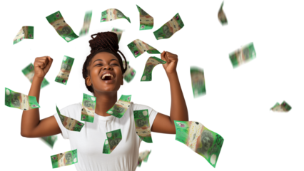 Australian dollar notes raining on black African woman with braids excited looking up with hands in the air over transparent background, money pouring on person

