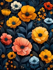 Fototapeta premium Cartoon flower with leaf vector illustration on black background, printed in mixed media style, light orange and indigo
