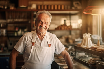 Obraz premium A Smiling Senior Baker in His Local Bakery Shop