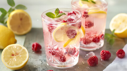 glass of pink lemonade with raspberries and ice cubes, garnished with fresh lemon slices and mint leaves on the side