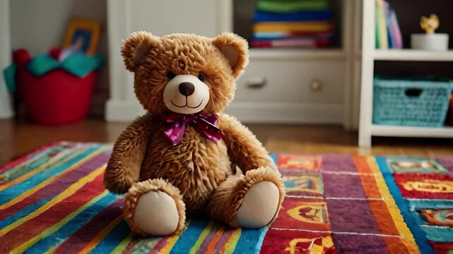 Brown Teddy Bear with Purple Bow Sitting on Colorful Rug