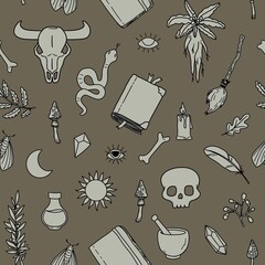 Mystery witch style seamless pattern, line art scrapbook paper, magical cartoon fabric art. magic book, skull, crystal, snake, moon, moth, mandrake, bone, mushroom