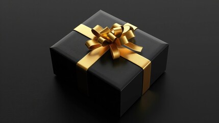Black gift box with golden bow on black background 3D Rendering