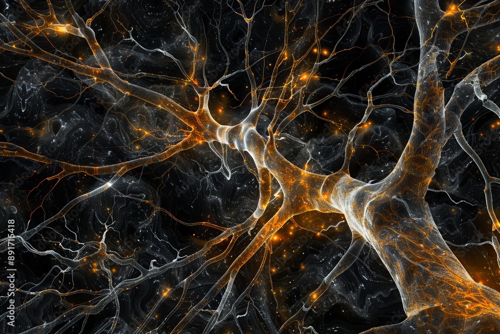Poster intricate network of neuron dendrites illuminated with golden light