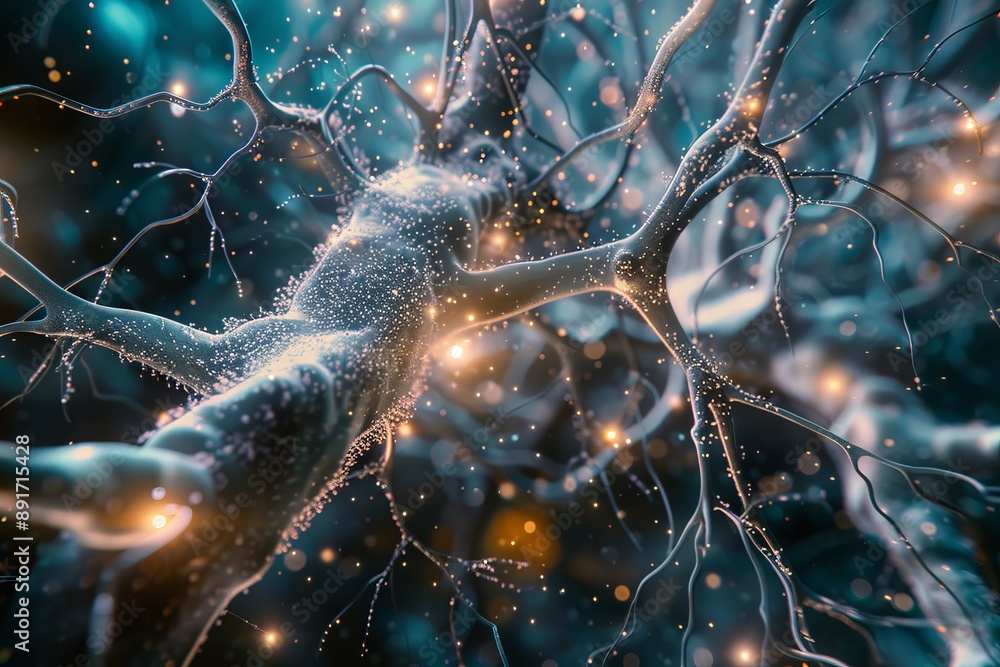 Aufkleber close up view of a nerve cell with glowing synapses