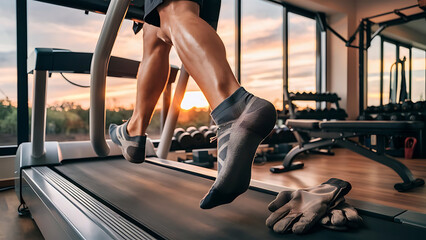 Close-up of man feet on a treadmill running at the gym or at home